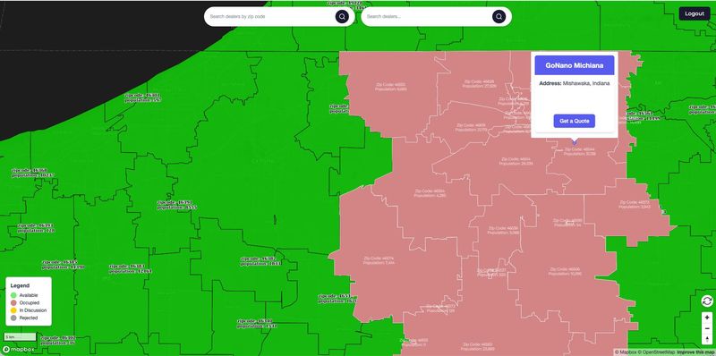 GoNano map with territories coloured by service status