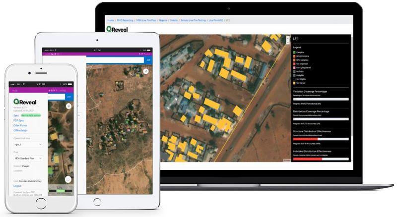 Reveal on laptop, tablet and phone showing structures mapped on satellite imagery