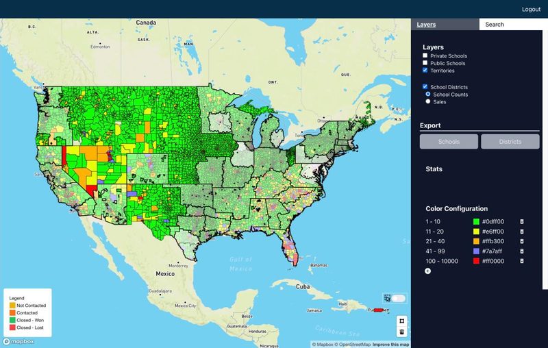 US map of school districts coloured by count, with layer, export and colour configuration panels