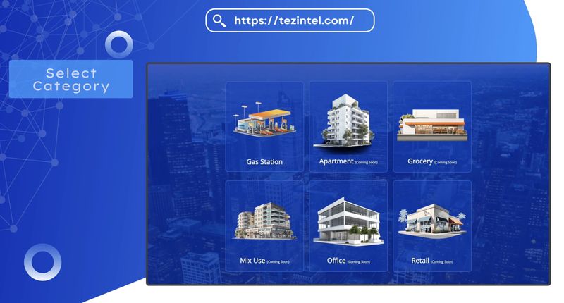 TezIntel interface for choosing a property category such as gas station, apartment, office or retail