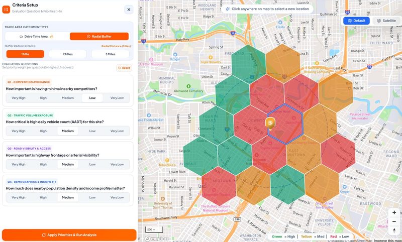 TezIntel site selection map scoring hexagons around a chosen site from high to low, beside a criteria panel weighting competition, traffic, visibility and demographics